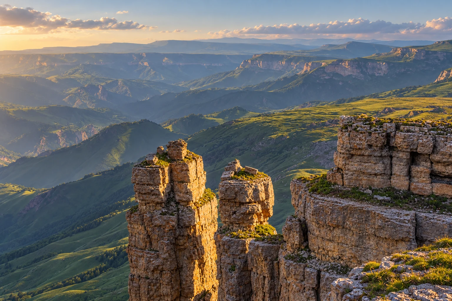 Скальные останцы и горная панорама плато Бермамыт
